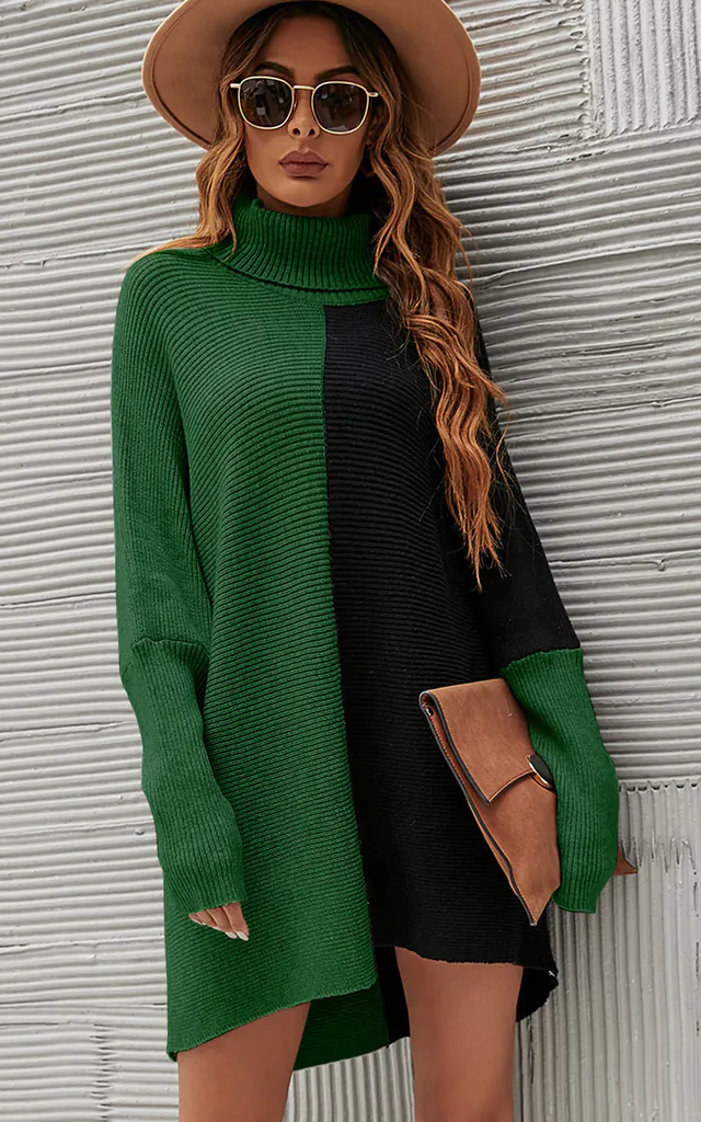 High Neck Half Forest Green & Black Block Colour Jumper Top | FS Collection | SilkFred High Neck Half Forest Green & Black Block Colour Jumper Top | FS Collection | SilkFred