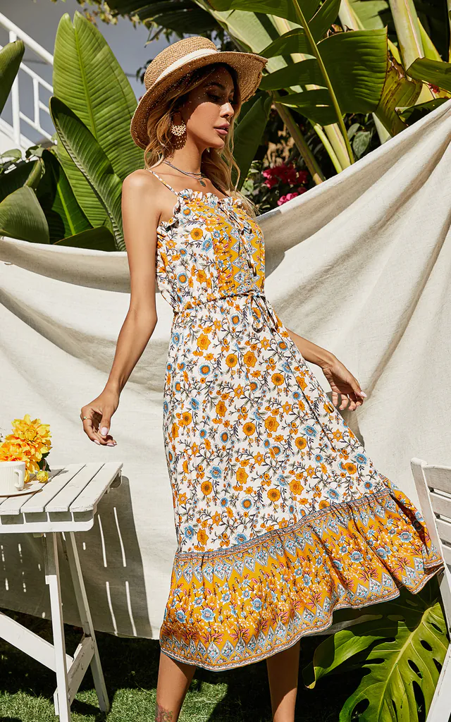 Yellow & Blue Floral Button Front Strappy Midi Dress In White | FS Collection | SilkFred Yellow & Blue Floral Button Front Strappy Midi Dress In White | FS Collection | SilkFred