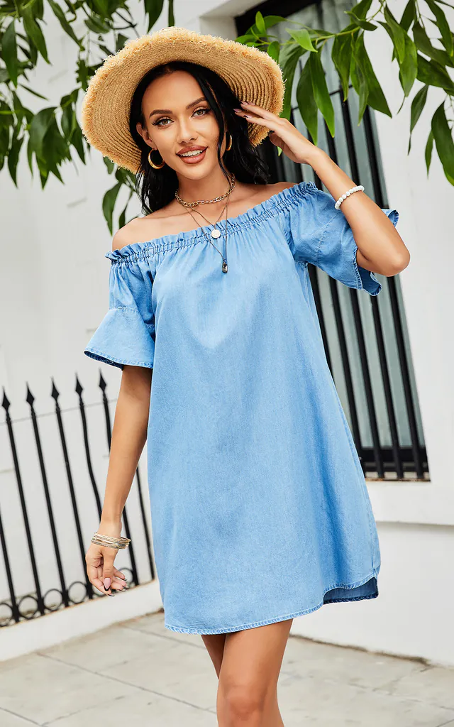 Off Shoulder Smock Denim Dress In Blue | FS Collection | SilkFred Off Shoulder Smock Denim Dress In Blue | FS Collection | SilkFred