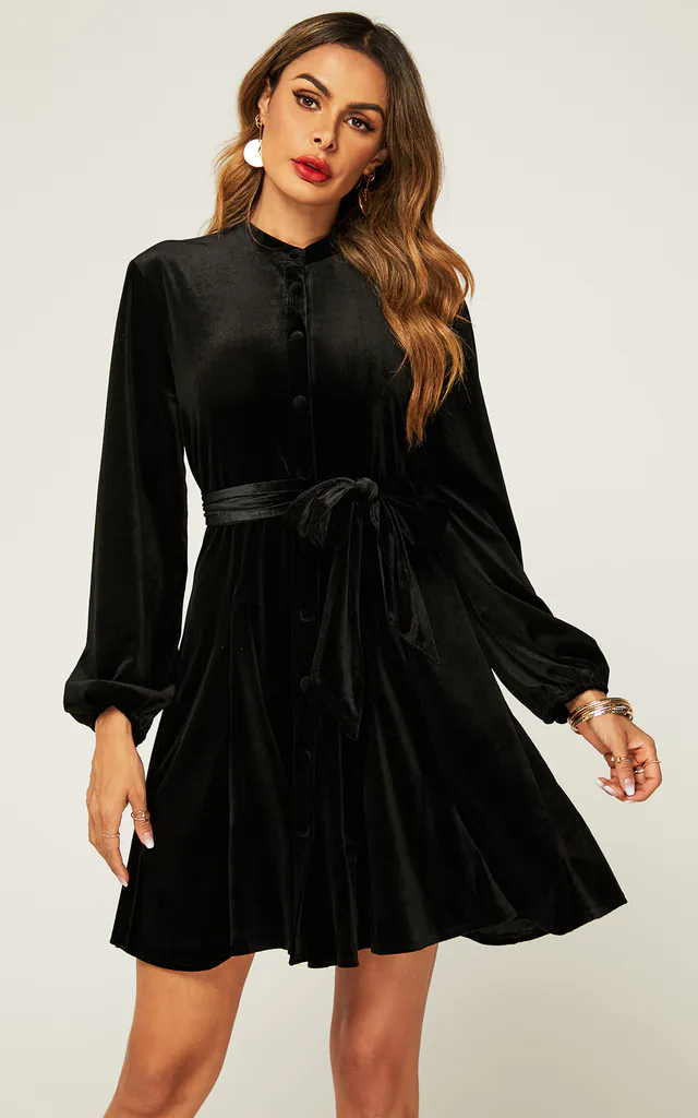 Velvet High Neck Long Sleeve Button Down Mini Dress In Black | FS Collection | SilkFred Velvet High Neck Long Sleeve Button Down Mini Dress In Black | FS Collection | SilkFred