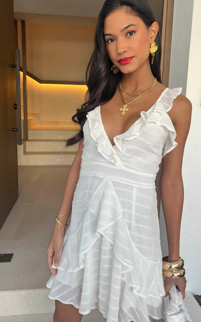 Layered Frill Textured Mini Summer Dress In White | Liquorish | SilkFred Layered Frill Textured Mini Summer Dress In White | Liquorish | SilkFred
