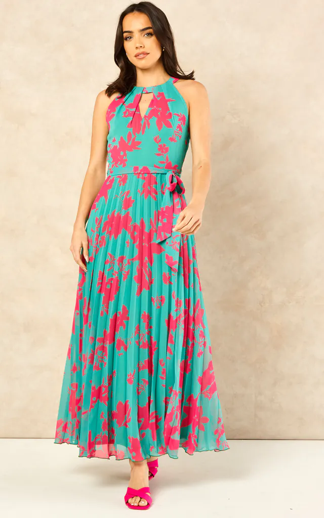 Halterneck Pleated Maxi Dress In Green And Pink Floral | LARU | SilkFred Halterneck Pleated Maxi Dress In Green And Pink Floral | LARU | SilkFred