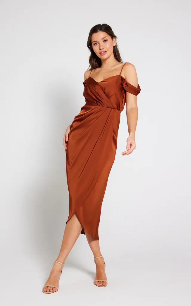 rust satin wrap dress Rust Tencel Satin Wrap Dress Design by EAST 14 at Pernia's Pop Up Shop 2026