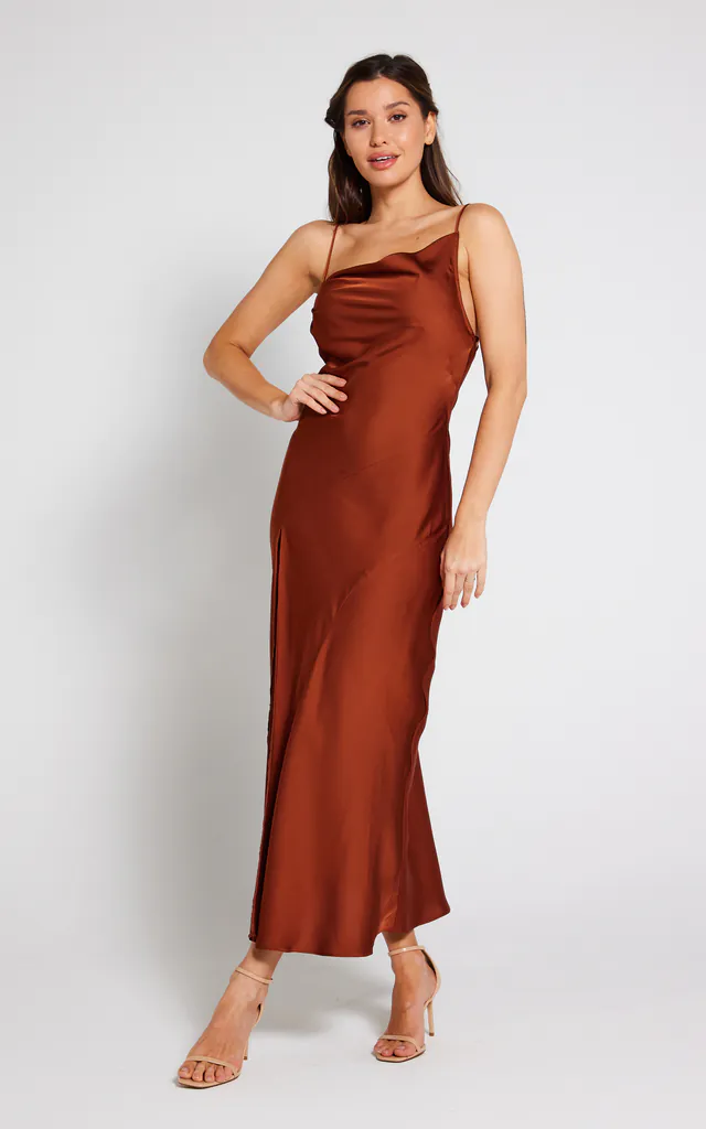 Mila Asymmetric Cowl Neck Satin Slip Dress - Rust | LIENA | SilkFred Mila Asymmetric Cowl Neck Satin Slip Dress - Rust | LIENA | SilkFred