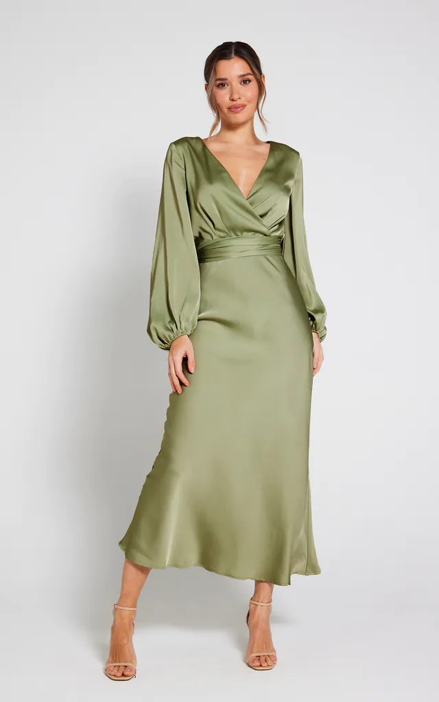 Pippa Long Sleeve Satin Maxi Dress - Olive | LIENA | SilkFred Pippa Long Sleeve Satin Maxi Dress - Olive | LIENA | SilkFred
