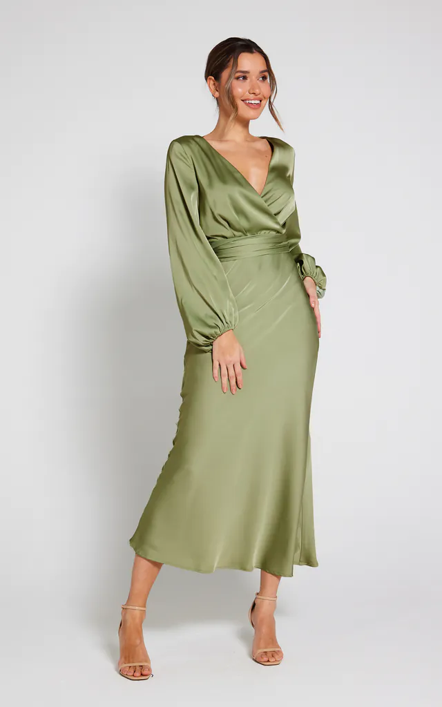 Pippa Long Sleeve Satin Maxi Dress - Olive | LIENA | SilkFred Pippa Long Sleeve Satin Maxi Dress - Olive | LIENA | SilkFred