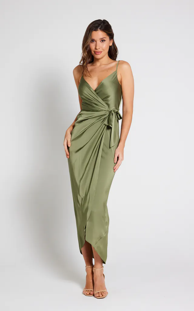 Rosa Tie Side Satin Cami Wrap Dress Olive Green | LIENA | SilkFred Rosa Tie Side Satin Cami Wrap Dress Olive Green | LIENA | SilkFred