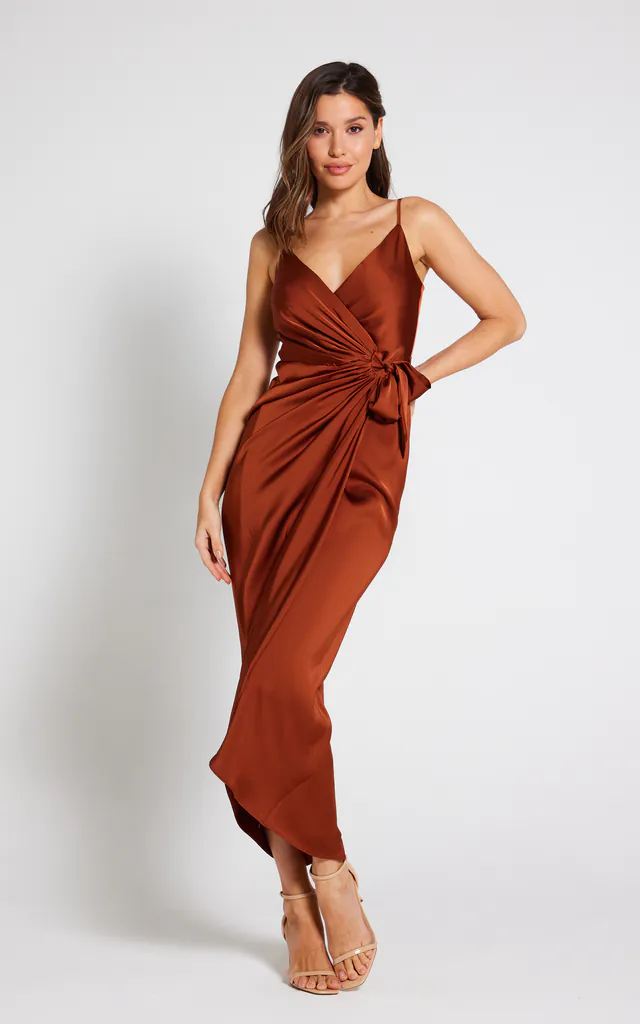 Rosa Tie Side Satin Cami Wrap Dress Rust | LIENA | SilkFred Rosa Tie Side Satin Cami Wrap Dress Rust | LIENA | SilkFred