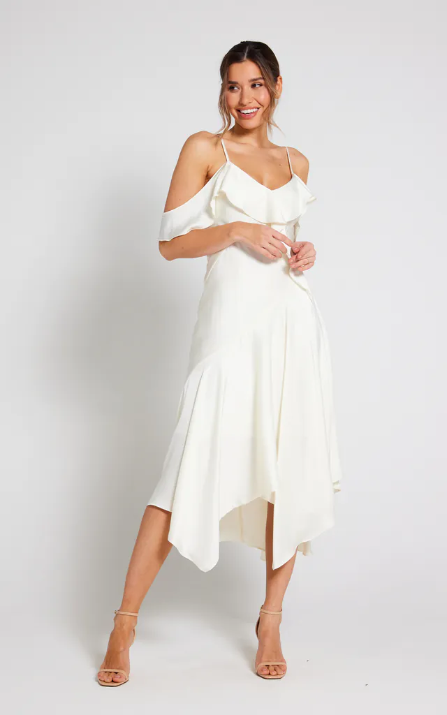 ivory cold shoulder dress Sydney's Closet CE2208 - Cold Shoulder A-line Knee-Length Dress 18 / Ivory