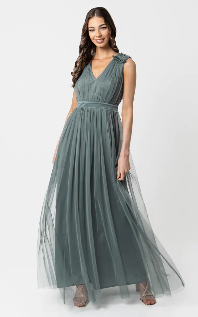 Misty Green Bridesmaid Maxi Dress With Ruffle Shoulder Detail | Maya Deluxe | SilkFred Misty Green Bridesmaid Maxi Dress With Ruffle Shoulder Detail | Maya Deluxe | SilkFred