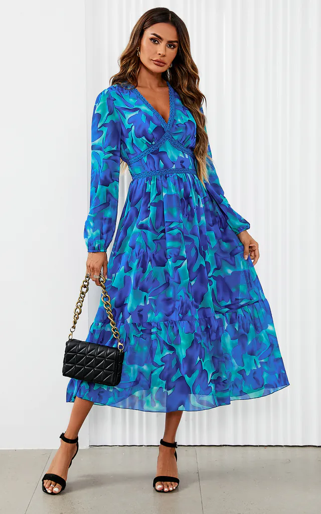 Abstract Floral Print Lace Trim deep V neck Long Sleeve Midi Dress In Blue | FS Collection | SilkFred Abstract Floral Print Lace Trim deep V neck Long Sleeve Midi Dress In Blue | FS Collection | SilkFred