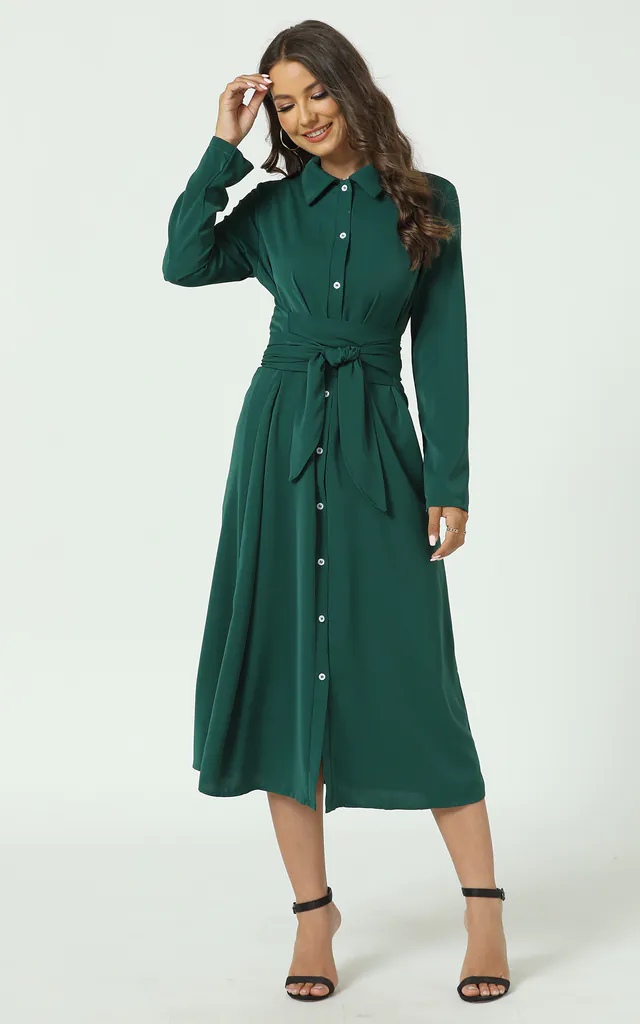 Relaxed Long Sleeve Wrap Waist Midi Shirt Dress In Green | FS Collection | SilkFred Relaxed Long Sleeve Wrap Waist Midi Shirt Dress In Green | FS Collection | SilkFred