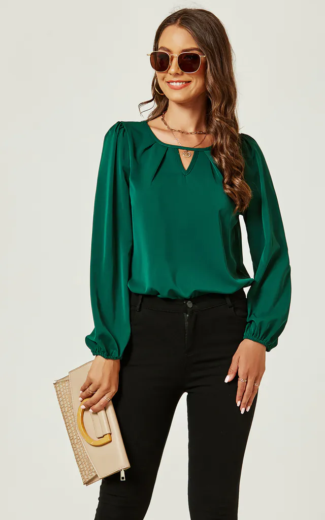 Long Sleeve Detailed Neckline Blouse Top In Green | FS Collection | SilkFred Long Sleeve Detailed Neckline Blouse Top In Green | FS Collection | SilkFred
