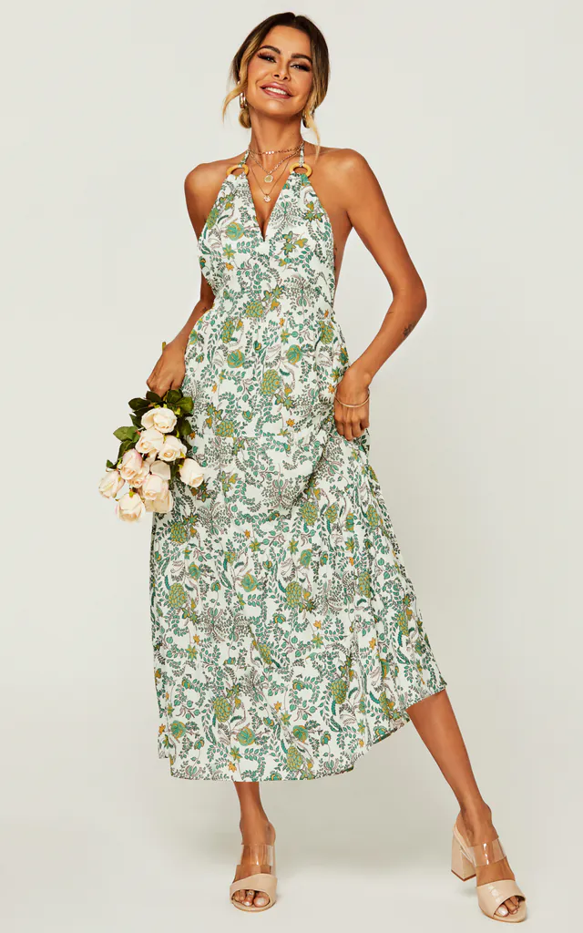 V Neck Back Tie Detail Maxi Dress In Green Floral Print | FS Collection | SilkFred V Neck Back Tie Detail Maxi Dress In Green Floral Print | FS Collection | SilkFred