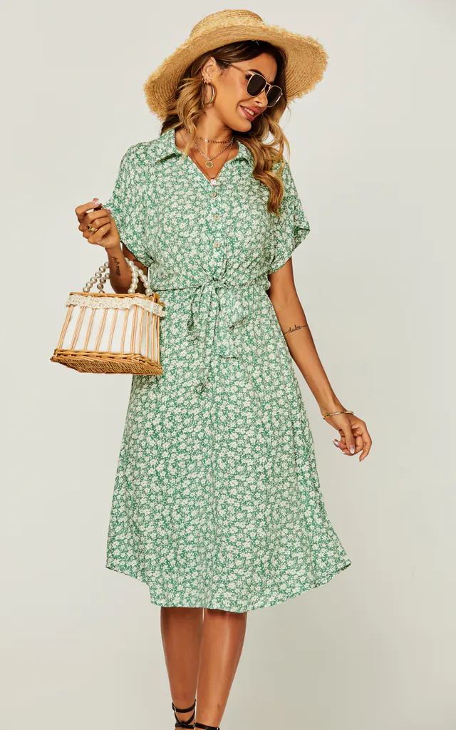 Relaxed Floral Print Button Down Midi Shirt Dress In Green | FS Collection | SilkFred Relaxed Floral Print Button Down Midi Shirt Dress In Green | FS Collection | SilkFred