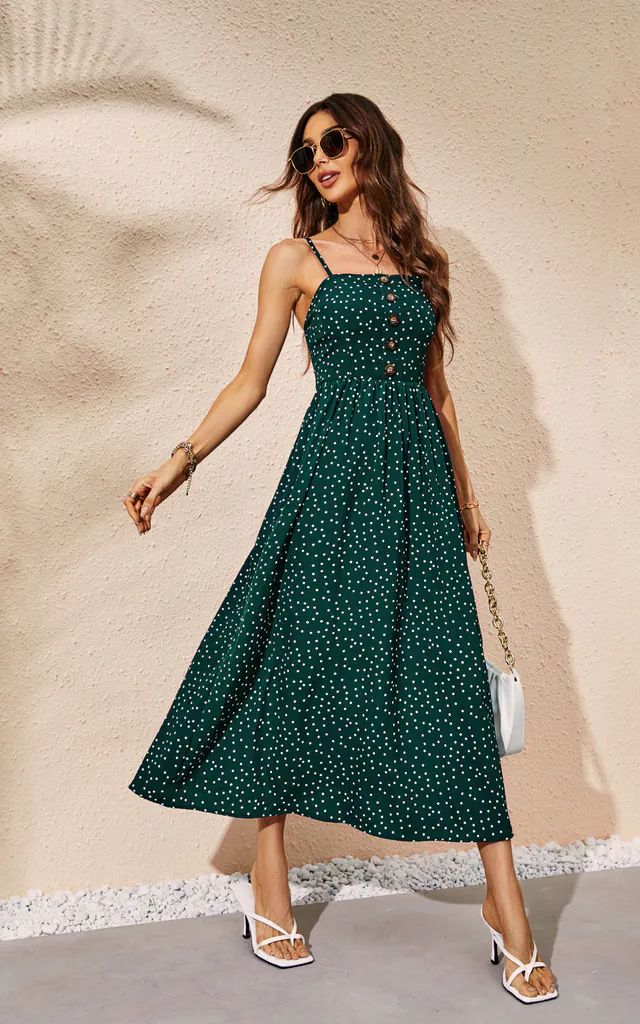 Polka Dot Button Down Strappy Maxi Dress In Dark Green | FS Collection | SilkFred Polka Dot Button Down Strappy Maxi Dress In Dark Green | FS Collection | SilkFred