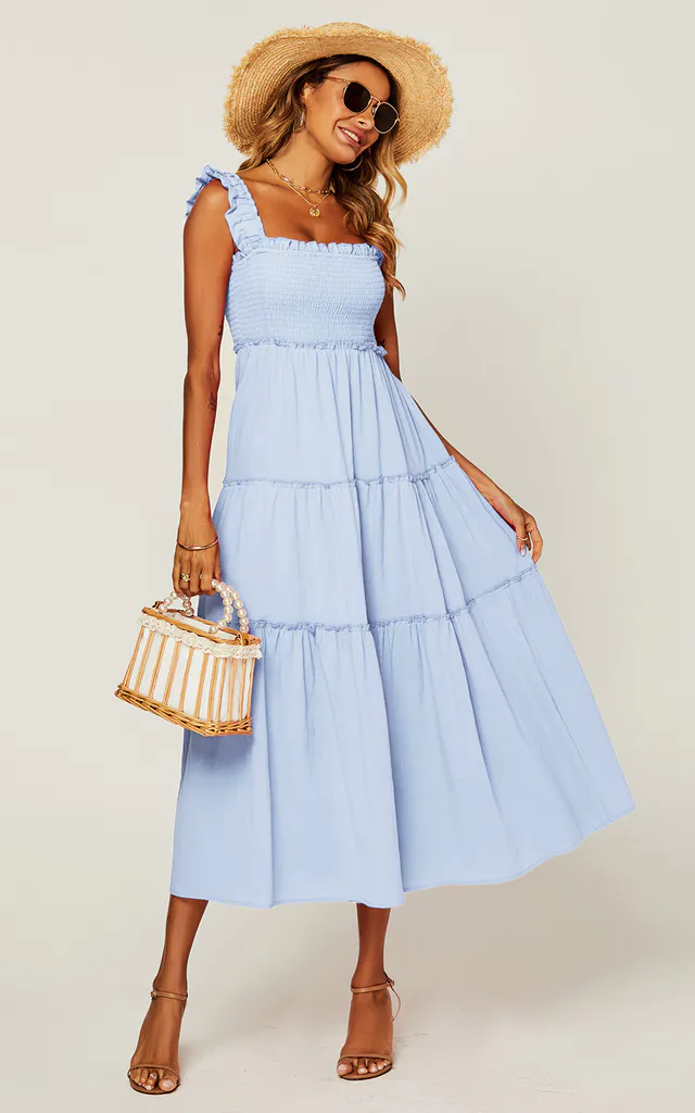 Hem Detail Tiered Maxi Dress In Light Blue | FS Collection | SilkFred Hem Detail Tiered Maxi Dress In Light Blue | FS Collection | SilkFred