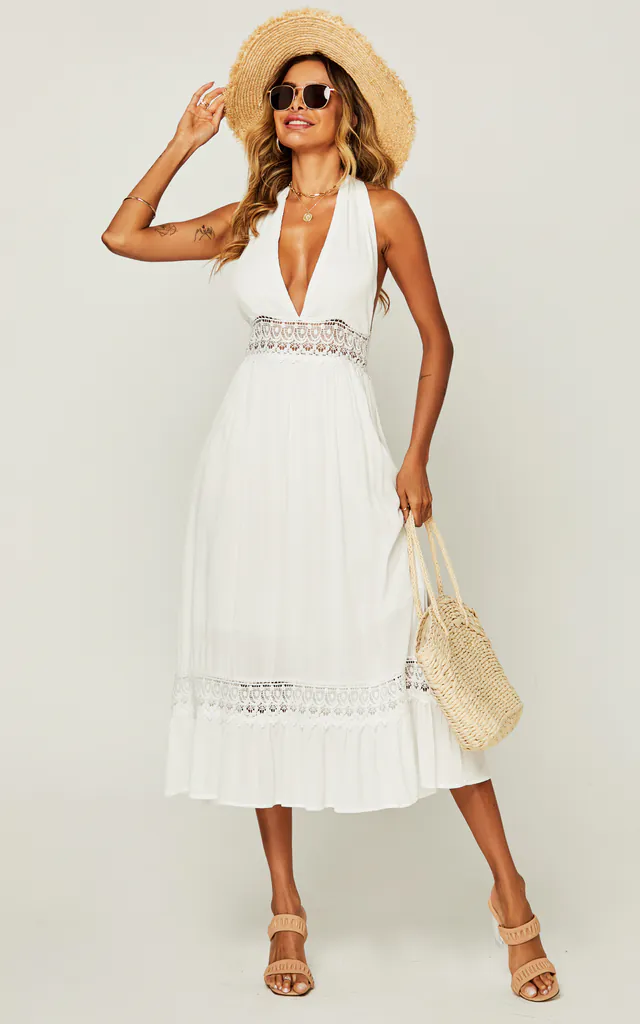 V Neck Back Tie Detail Lace Midi Dress In Ivory White | FS Collection | SilkFred V Neck Back Tie Detail Lace Midi Dress In Ivory White | FS Collection | SilkFred
