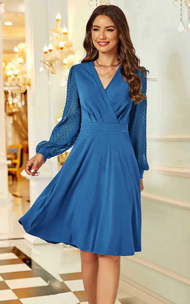 Long Lace Sleeve Wrap Style Dress In Blue | FS Collection | SilkFred Long Lace Sleeve Wrap Style Dress In Blue | FS Collection | SilkFred