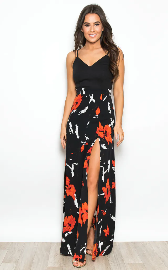 Farah Floral Cami Split Maxi Dress Black / Orange | Girl In Mind | SilkFred Farah Floral Cami Split Maxi Dress Black / Orange | Girl In Mind | SilkFred