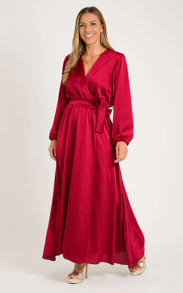shape burgundy satin wrap dress Burgundy Wrap Satin Dress With Flutter Sleeves