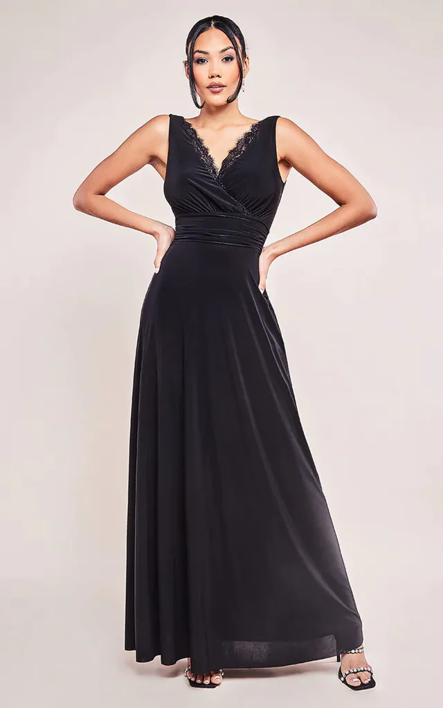 Diamante & Scalloped Lace Neck Maxi Dress in Black | Goddiva | SilkFred Diamante & Scalloped Lace Neck Maxi Dress in Black | Goddiva | SilkFred