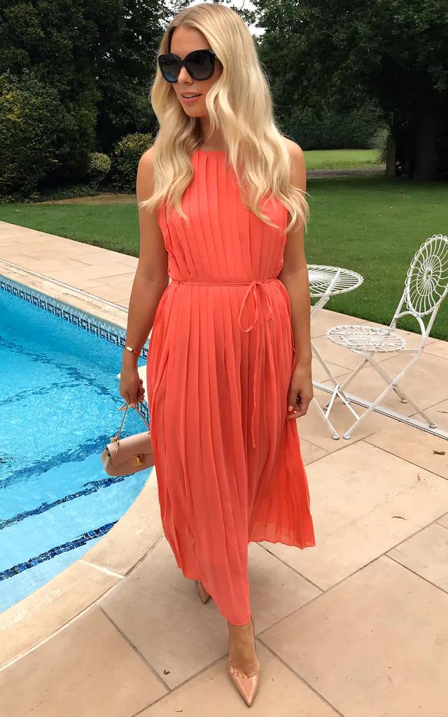 orange pleated maxi dress Women's Orange Chiffon Strappy Pleated Belt Detail Maxi Dress