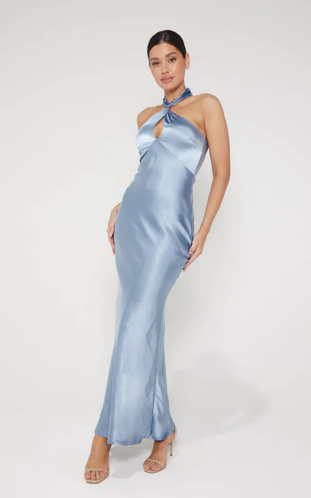 Jessica Halter Neck Keyhole Satin Maxi Dress - Light Blue | LIENA | SilkFred Jessica Halter Neck Keyhole Satin Maxi Dress - Light Blue | LIENA | SilkFred