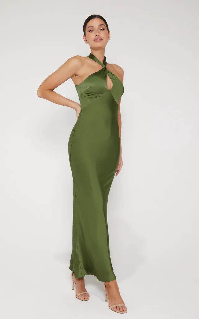 Jessica Halter Neck Keyhole Satin Maxi Dress - Olive Green | LIENA | SilkFred Jessica Halter Neck Keyhole Satin Maxi Dress - Olive Green | LIENA | SilkFred