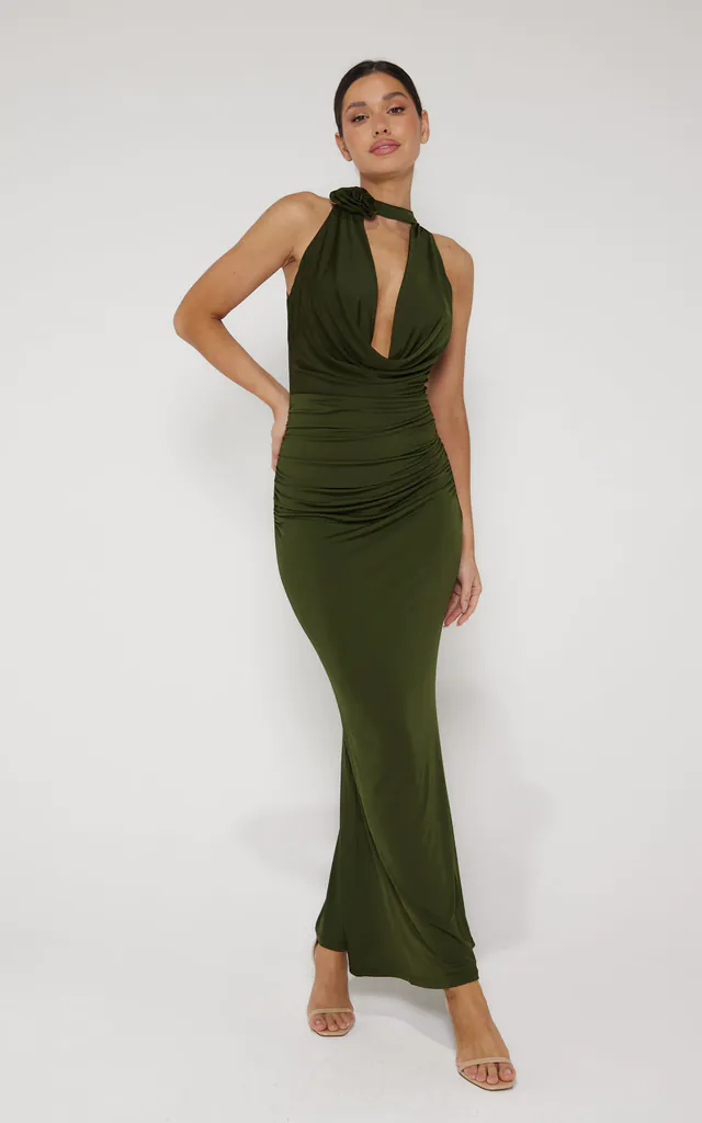 Lola Plunge Halter Neck Maxi Dress - Khaki | LIENA | SilkFred Lola Plunge Halter Neck Maxi Dress - Khaki | LIENA | SilkFred