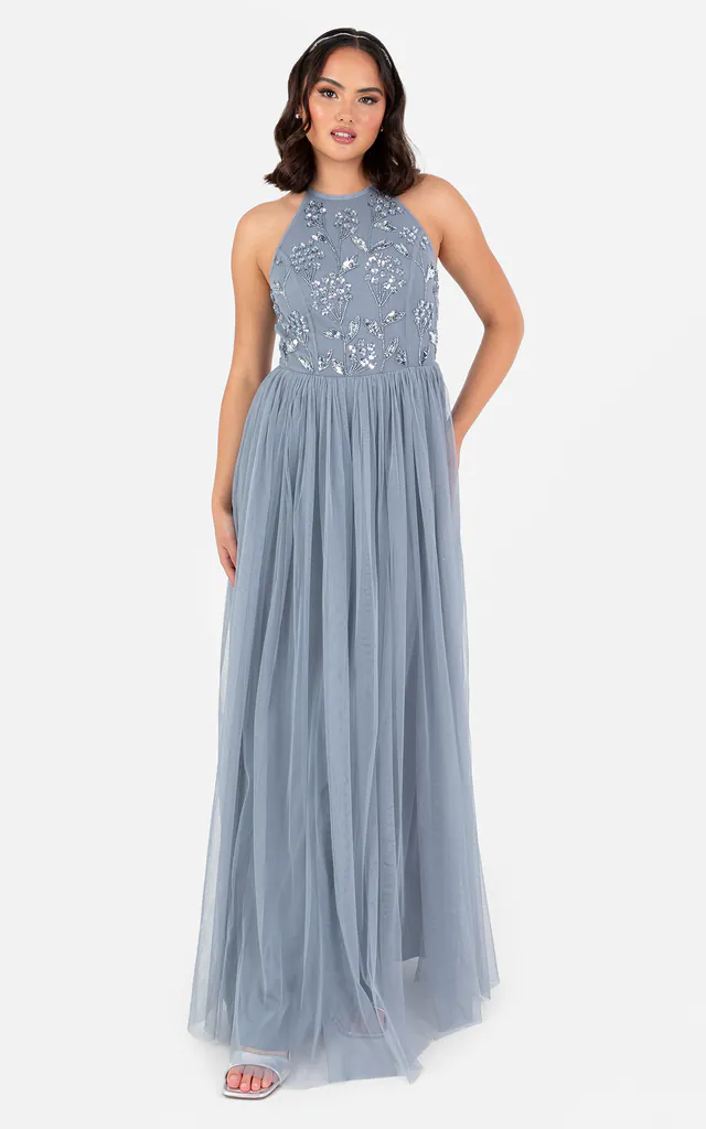 Bridesmaids Dusty Blue Floral Embellished Halter Neck Maxi Dress | Maya Deluxe | SilkFred Bridesmaids Dusty Blue Floral Embellished Halter Neck Maxi Dress | Maya Deluxe | SilkFred