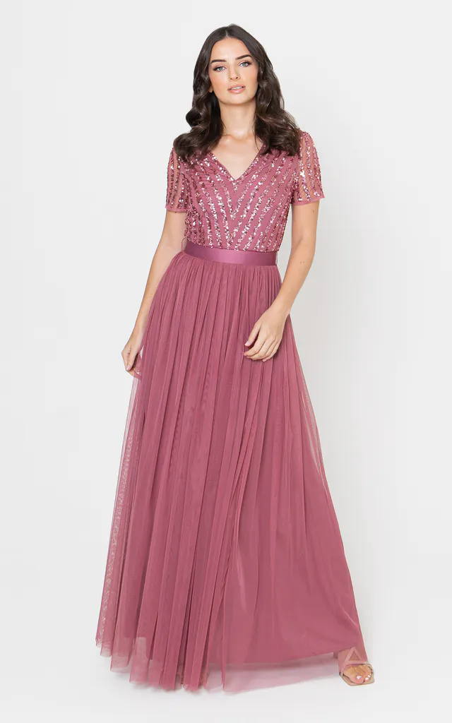 Desert Rose Stripe Embellished Bridesmaid Maxi Dress With Sash Belt | Maya Deluxe | SilkFred Desert Rose Stripe Embellished Bridesmaid Maxi Dress With Sash Belt | Maya Deluxe | SilkFred