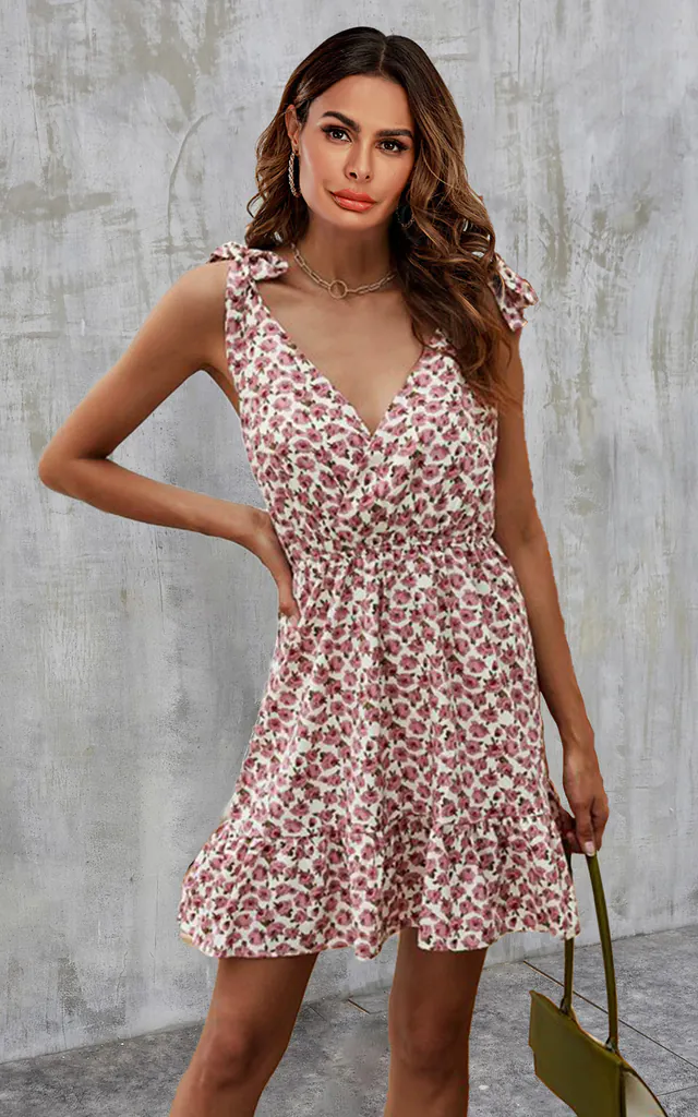 Pretty Rose Floral Print Strappy Bardot Mini Dress In Pink | FS Collection | SilkFred Pretty Rose Floral Print Strappy Bardot Mini Dress In Pink | FS Collection | SilkFred