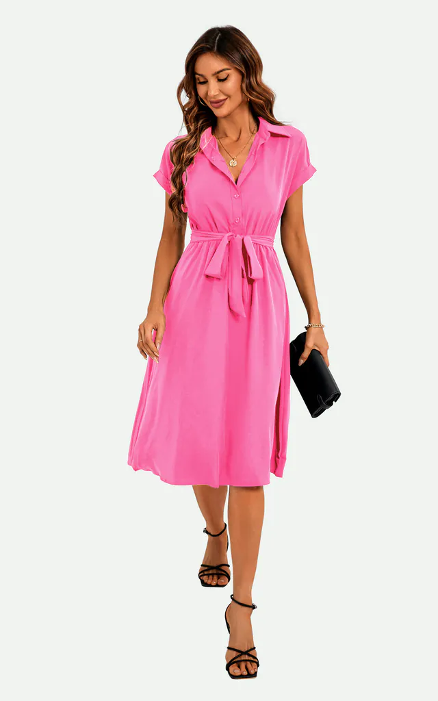 Short Sleeve Midi Shirt Dress In Pink | FS Collection | SilkFred Short Sleeve Midi Shirt Dress In Pink | FS Collection | SilkFred