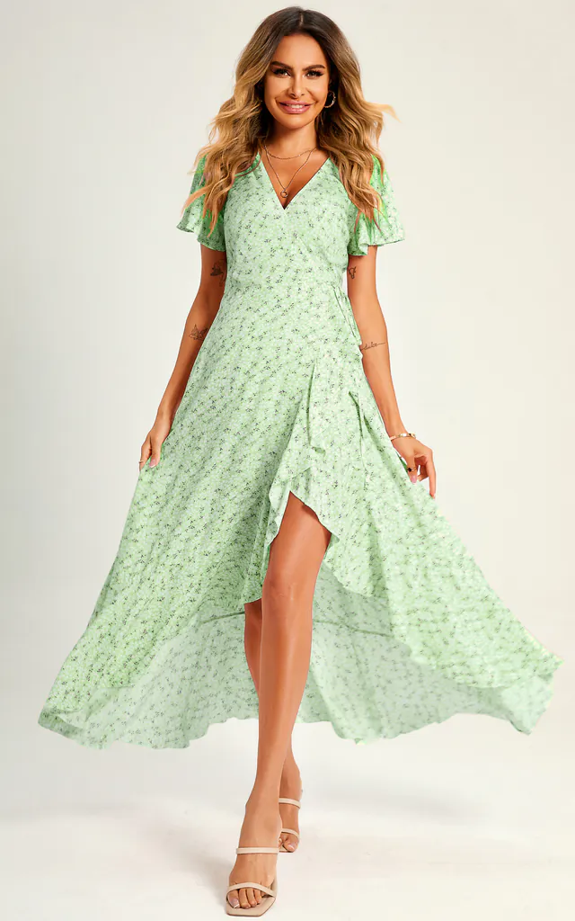 Summer Floral Print Hem Wrap Midi Dress In Mint Green | FS Collection | SilkFred Summer Floral Print Hem Wrap Midi Dress In Mint Green | FS Collection | SilkFred