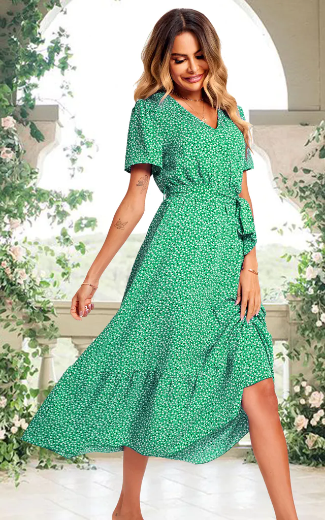 White Little Flower Print Wrap Style Midi Dress In Green | FS Collection | SilkFred White Little Flower Print Wrap Style Midi Dress In Green | FS Collection | SilkFred
