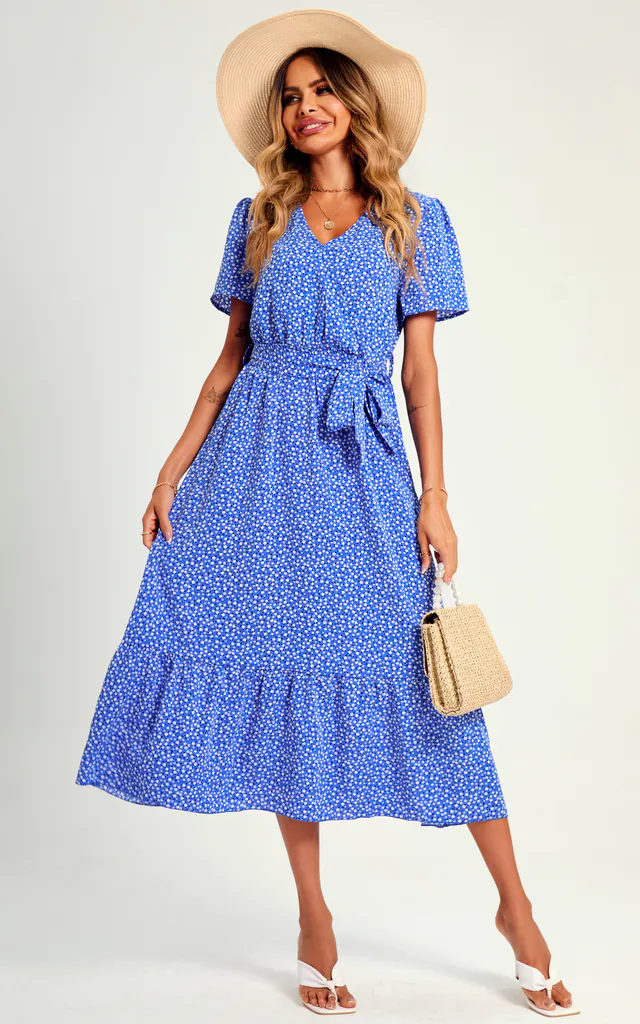 White Little Flower Print Short Sleeve Wrap Style Midi Dress In Blue | FS Collection | SilkFred White Little Flower Print Short Sleeve Wrap Style Midi Dress In Blue | FS Collection | SilkFred