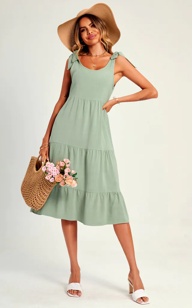 Relaxed Linen Self Tie Shoulder Tiered Midi Dress In Green | FS Collection | SilkFred Relaxed Linen Self Tie Shoulder Tiered Midi Dress In Green | FS Collection | SilkFred