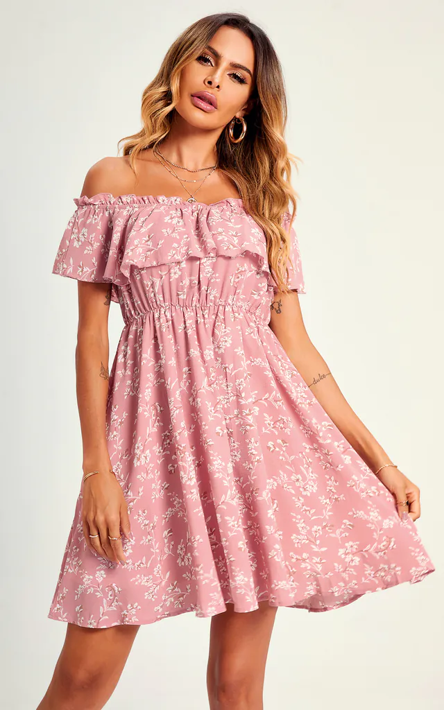 Bardot Frill Mini Dress In Pink Flora Print | FS Collection | SilkFred Bardot Frill Mini Dress In Pink Flora Print | FS Collection | SilkFred