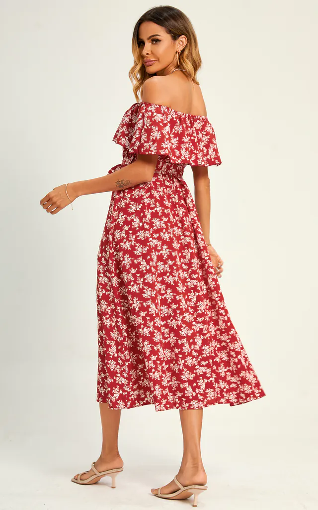Little Flora Print Bardot Frill Midi Dress In Red | FS Collection | SilkFred Little Flora Print Bardot Frill Midi Dress In Red | FS Collection | SilkFred