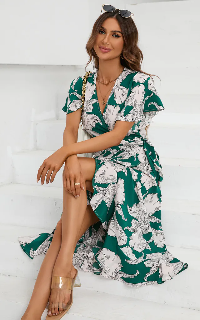White Floral Print Angel Sleeve Wrap Midi Dress In Green | FS Collection | SilkFred White Floral Print Angel Sleeve Wrap Midi Dress In Green | FS Collection | SilkFred