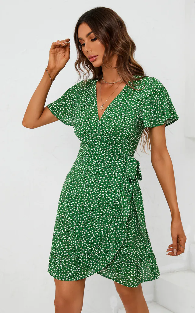 White Little Flower Print Angel Sleeve Mini Wrap Dress In Green | FS Collection | SilkFred White Little Flower Print Angel Sleeve Mini Wrap Dress In Green | FS Collection | SilkFred