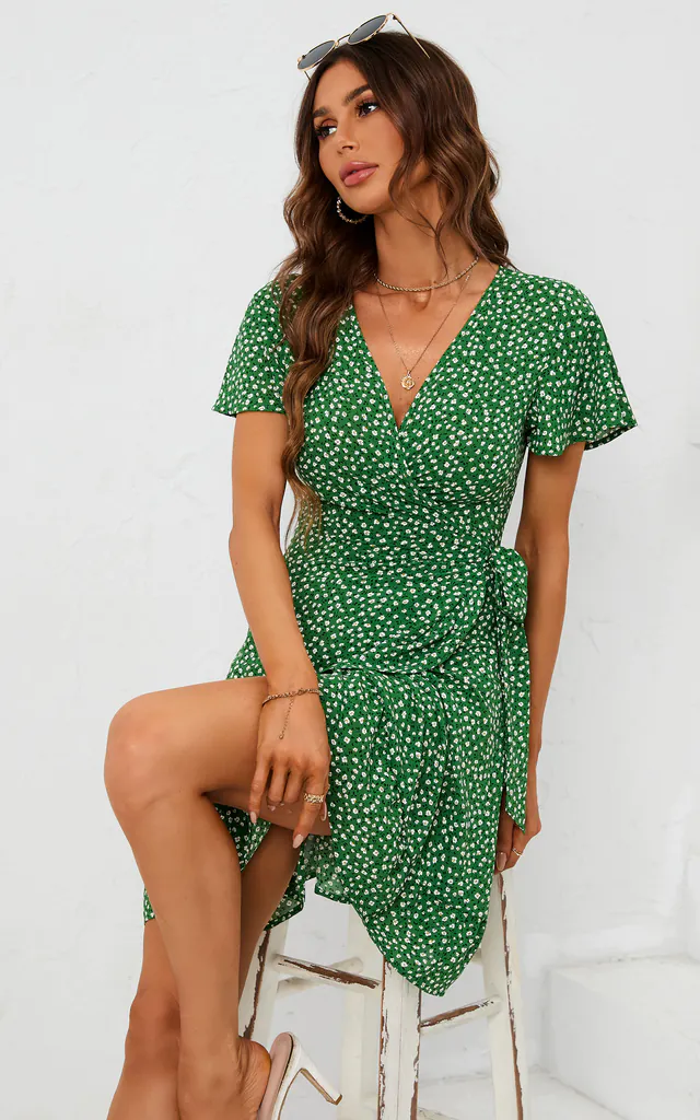 White Little Flower Print Angel Sleeve Mini Wrap Dress In Green | FS Collection | SilkFred White Little Flower Print Angel Sleeve Mini Wrap Dress In Green | FS Collection | SilkFred