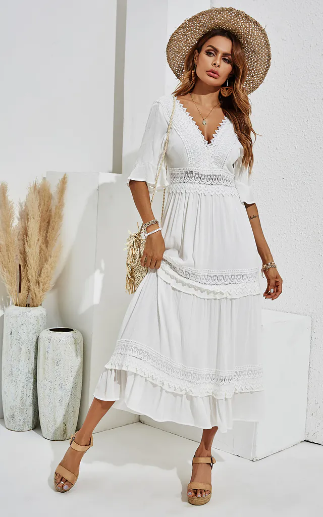 Double Sided V Neck White Lace Dress In Ivory White | FS Collection | SilkFred Double Sided V Neck White Lace Dress In Ivory White | FS Collection | SilkFred