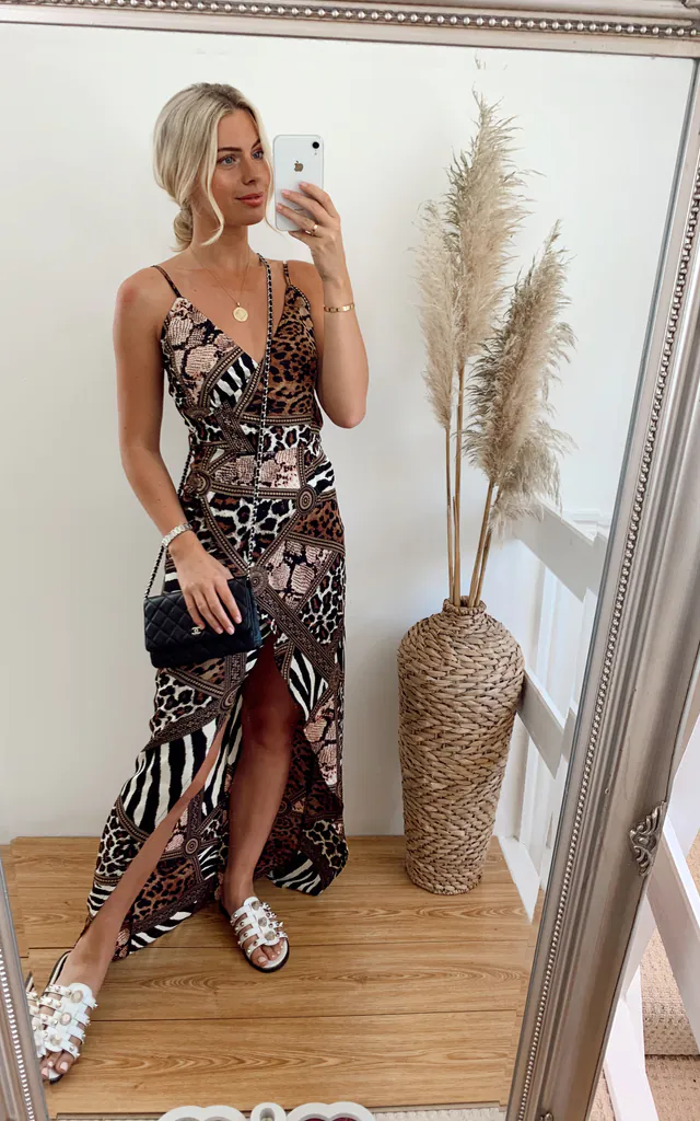 Mia Wrap Maxi Dress Brown Print | Girl In Mind | SilkFred Mia Wrap Maxi Dress Brown Print | Girl In Mind | SilkFred