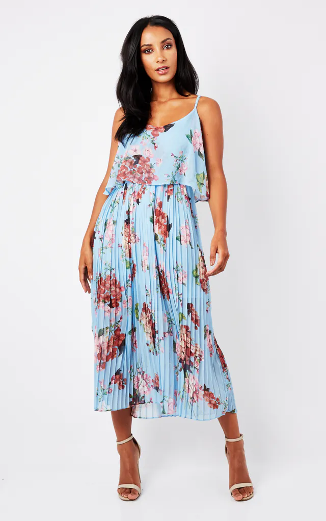 pastel blue floral print open back pleated midi dress Watercolor Nymphas Blue Floral Midi Dress