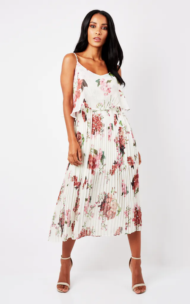 pink floral print pleated cami midi dress Pink Cotton Floral Print Midi Dress