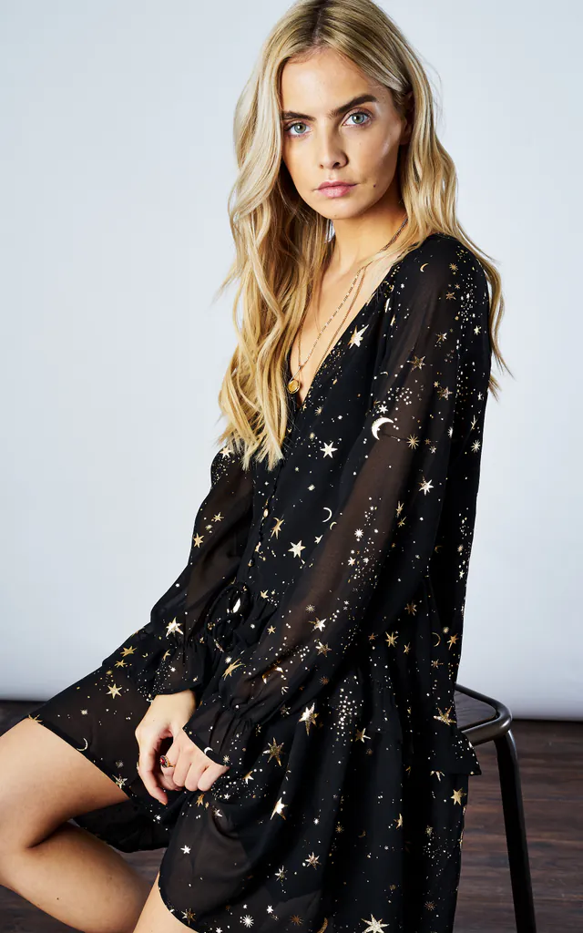 BLACK/GOLD STAR & MOON FLOWY MINI | If By Sea | SilkFred BLACK/GOLD STAR & MOON FLOWY MINI | If By Sea | SilkFred