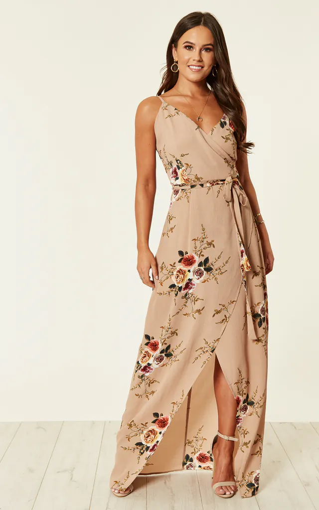 beige floral wrap dress Yumi Ivory Floral Print Wrap Midi Dress With Dipped Hem
