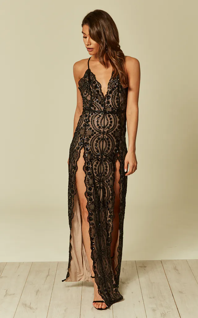 PURE DESIRE BLACK PLUNGE FLORAL SEQUIN DOUBLE THIGH SLIT MAXI DRESS | Nazz Collection | SilkFred PURE DESIRE BLACK PLUNGE FLORAL SEQUIN DOUBLE THIGH SLIT MAXI DRESS | Nazz Collection | SilkFred